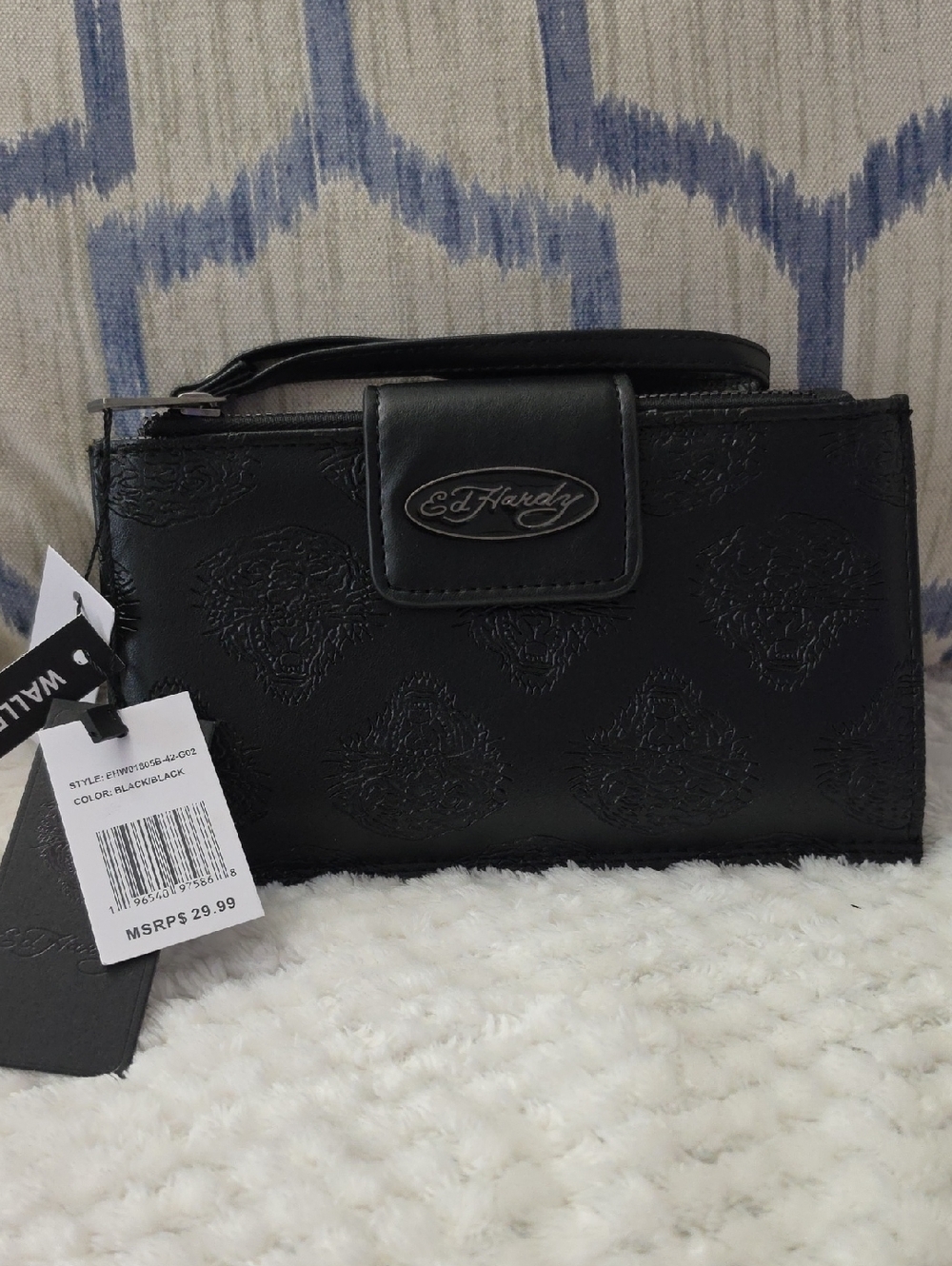 Ed Hardy Black Embossed Wristlet Clutch